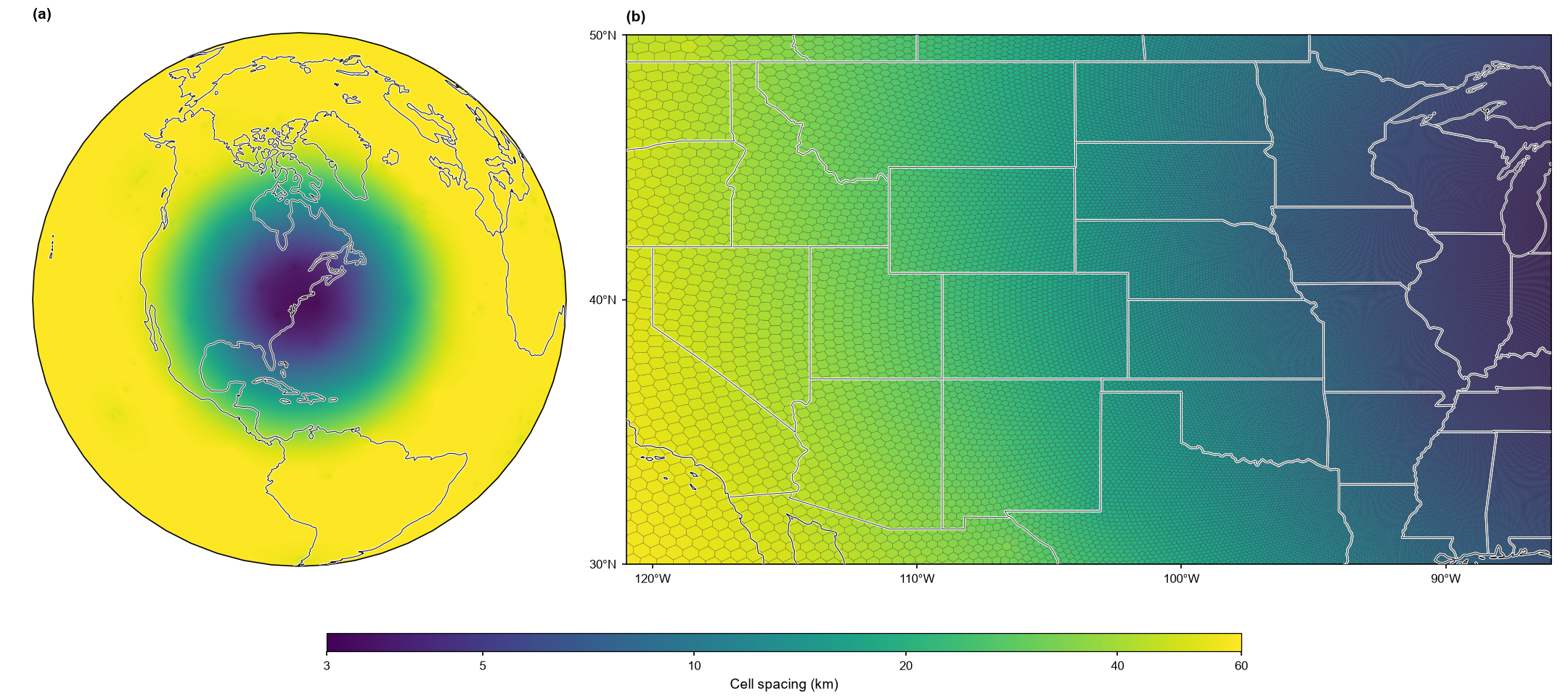Two maps of cell spacing: a globe on which the mesh is finest over the northeastern United States and coarsest elsewhere, and a regional map of individual hexagonal cells growing from east to west.